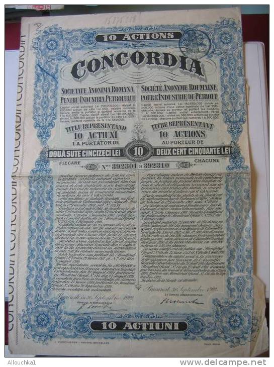 ACTION & TITRE : CONCORDIA  SOCIETE ANONYME ROUMAINE  POUR L ' INDUSTRIE DU PETROLE  /1924 / SCRIPOPHILIE - Aardolie