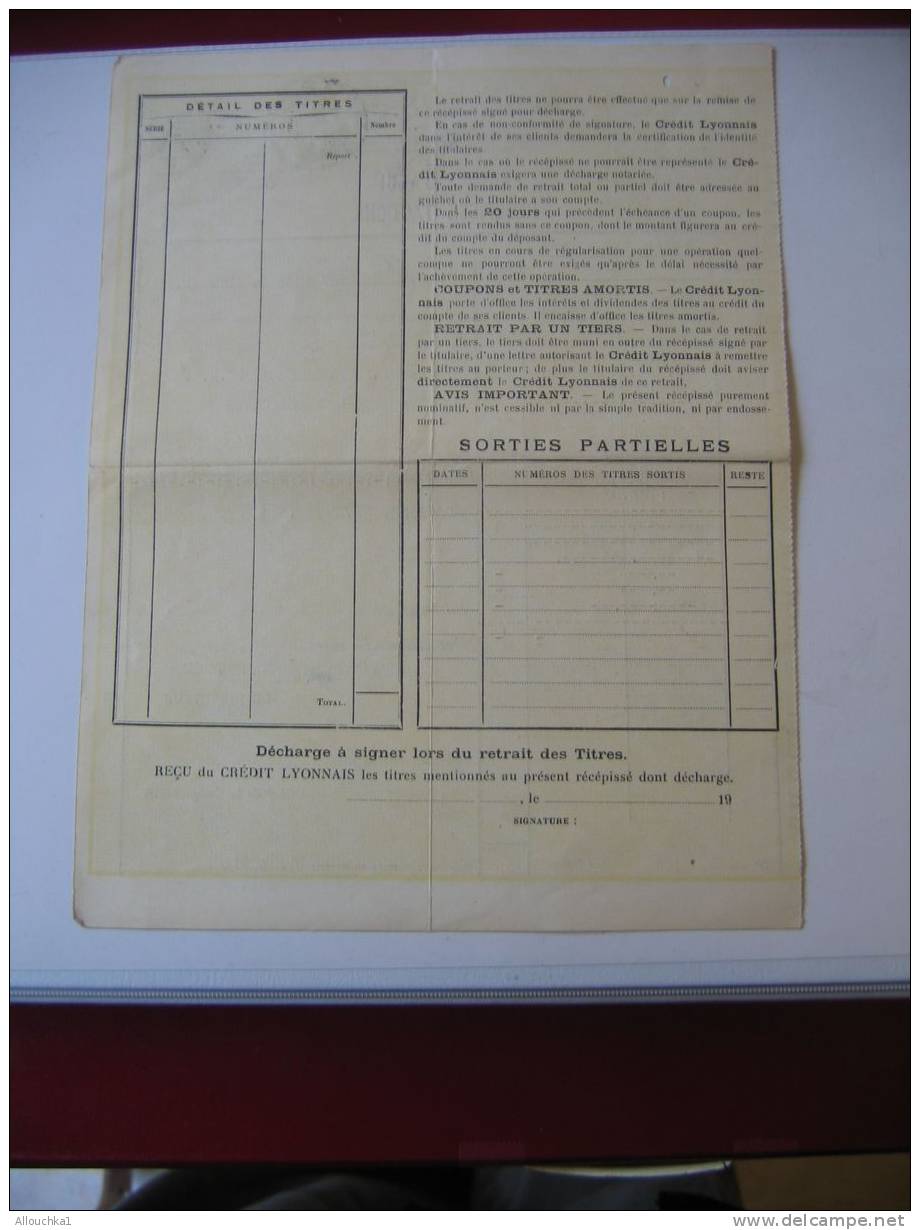 ACTION & TITRE : BANQUE FRANCAISE DU CREDIT LYONNAIS AGENCE DE MARSEILLE  RECEPISSE D ' OBLIGATIONS /1932 / SCRIPOPHILIE - Bank & Insurance