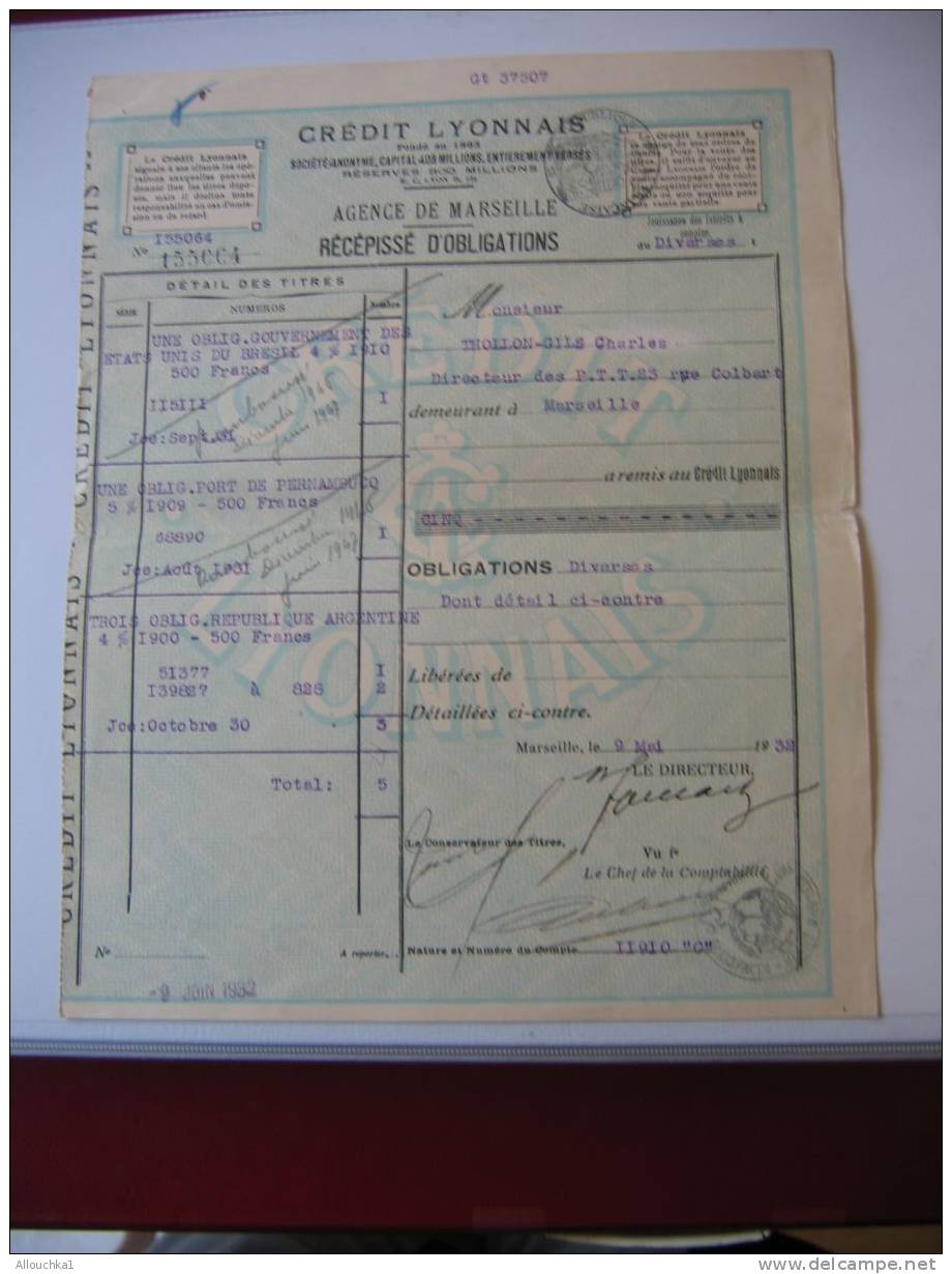 ACTION & TITRE : BANQUE FRANCAISE DU CREDIT LYONNAIS AGENCE D'E MARSEILLE RECEPISSE DOBLIGATION /1932 / SCRIPOPHILIE - Bank & Versicherung