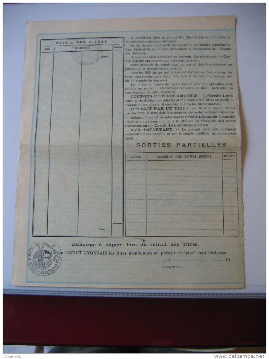 ACTION & TITRE : BANQUE FRANCAISE DU CREDIT LYONNAIS AGENCE D'E MARSEILLE RECEPISSE DOBLIGATION /1932 / SCRIPOPHILIE - Banque & Assurance