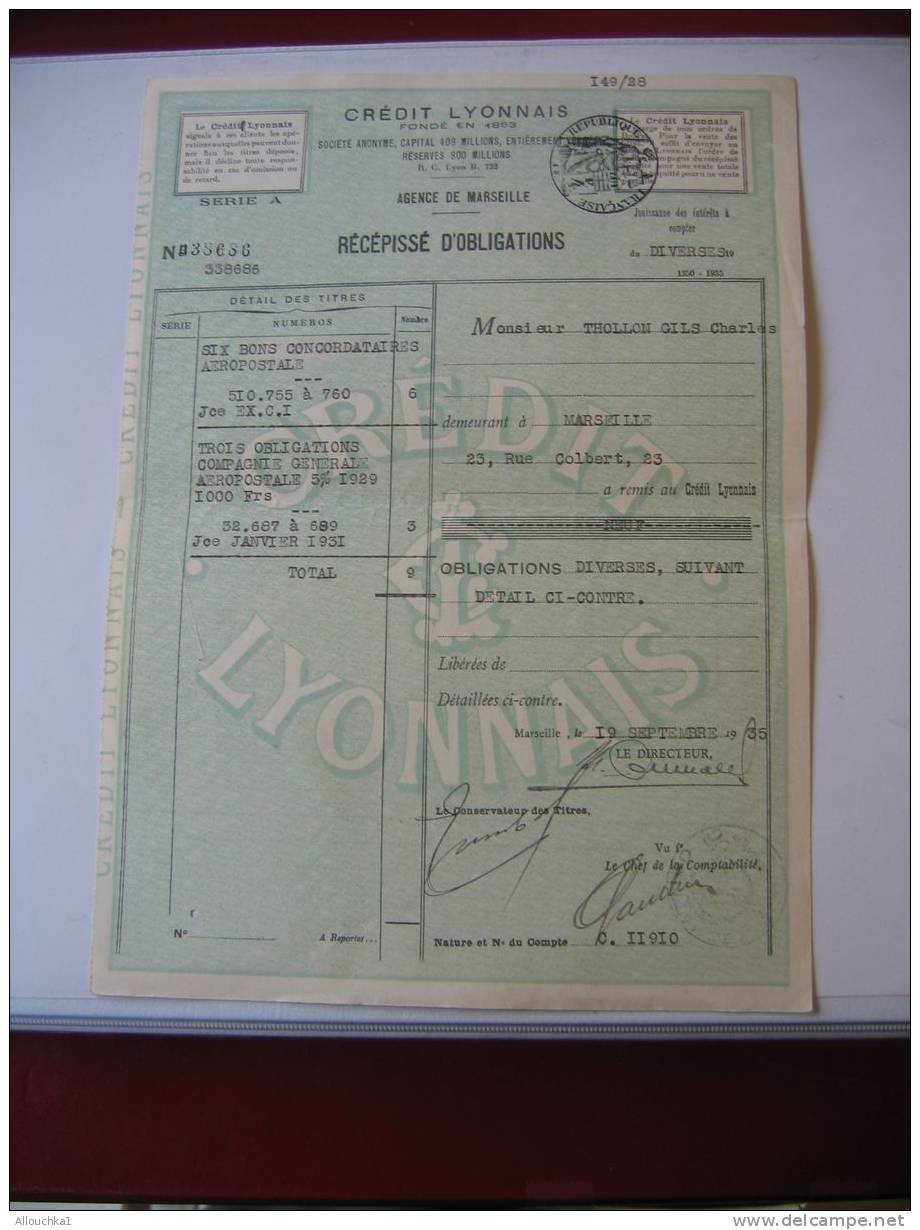 ACTION & TITRE : BANQUE FRANCAISE DU CREDIT LYONNAIS AGENCE D'E MARSEILLE RECEPISSE DOBLIGATION /1935 / SCRIPOPHILIE - Banco & Caja De Ahorros