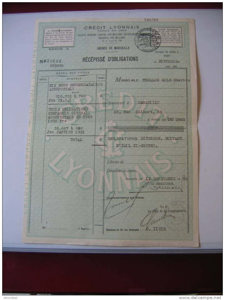 ACTION & TITRE : BANQUE FRANCAISE DU CREDIT LYONNAIS AGENCE D'E MARSEILLE RECEPISSE DOBLIGATION /1935 / SCRIPOPHILIE - Bank & Insurance