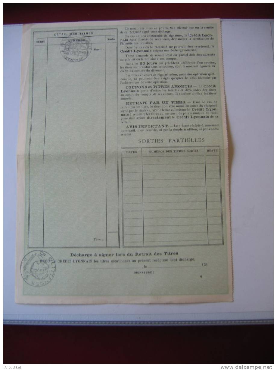 ACTION & TITRE : BANQUE FRANCAISE DU CREDIT LYONNAIS AGENCE D'E MARSEILLE RECEPISSE DOBLIGATION /1935 / SCRIPOPHILIE - Bank & Insurance