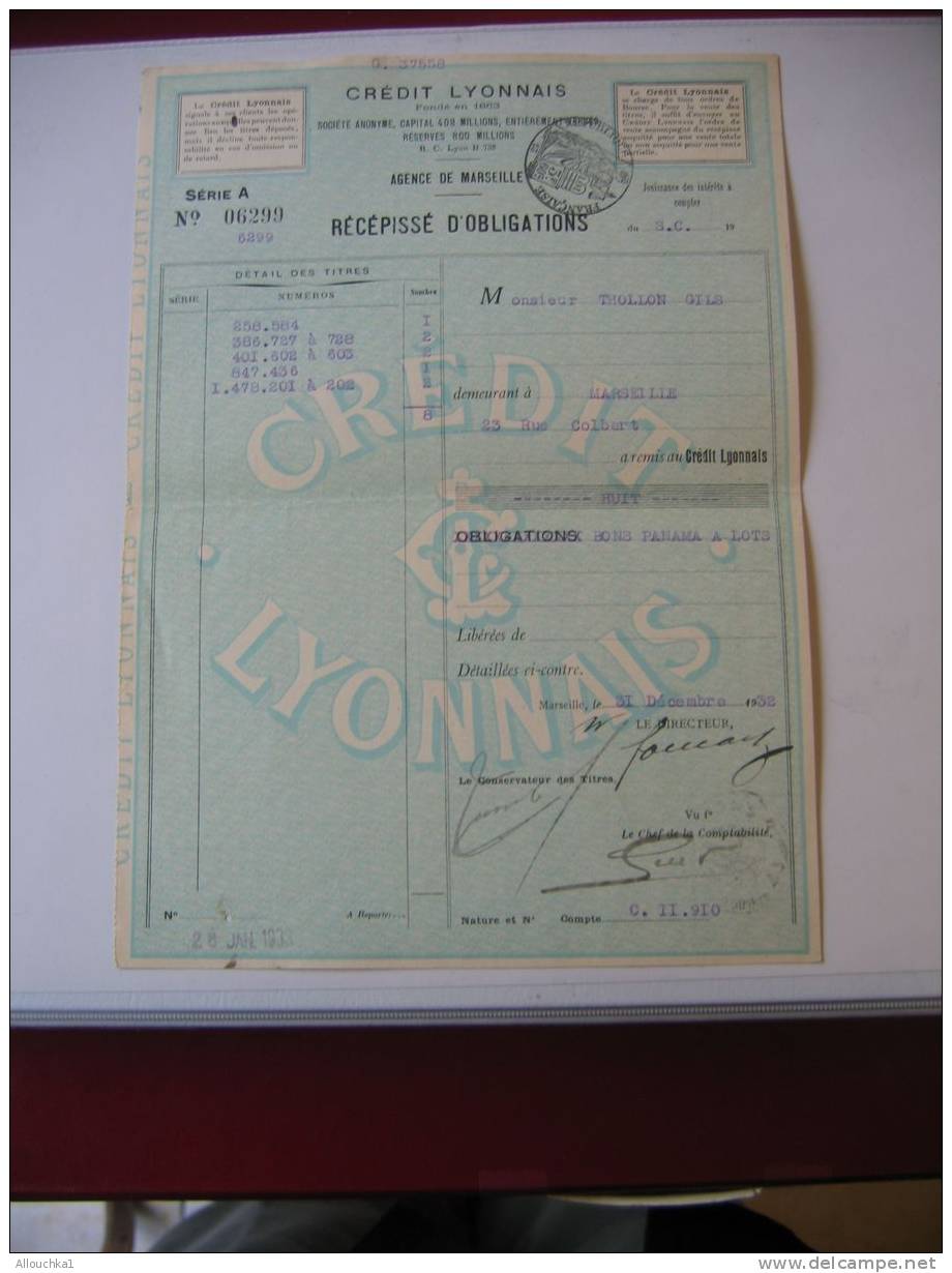 ACTION & TITRE : BANQUE FRANCAISE DU CREDIT LYONNAIS AGENCE D'E MARSEILLE RECEPISSE 'OBLIGATIONS /1932 / SCRIPOPHILIE - Bank En Verzekering