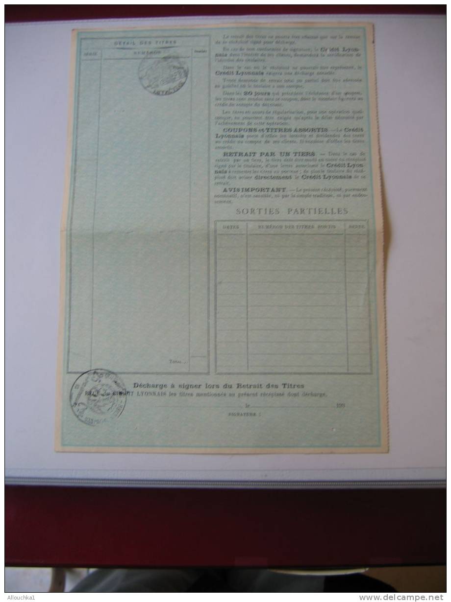 ACTION & TITRE : BANQUE FRANCAISE DU CREDIT LYONNAIS AGENCE D'E MARSEILLE RECEPISSE 'OBLIGATIONS /1932 / SCRIPOPHILIE - Bank En Verzekering