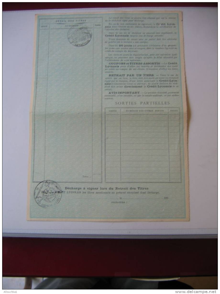 ACTION & TITRE : BANQUE FRANCAISE DU CREDIT LYONNAIS AGENCE D'E MARSEILLE RECEPISSE 'OBLIGATIONS /1932 / SCRIPOPHILIE - Banque & Assurance