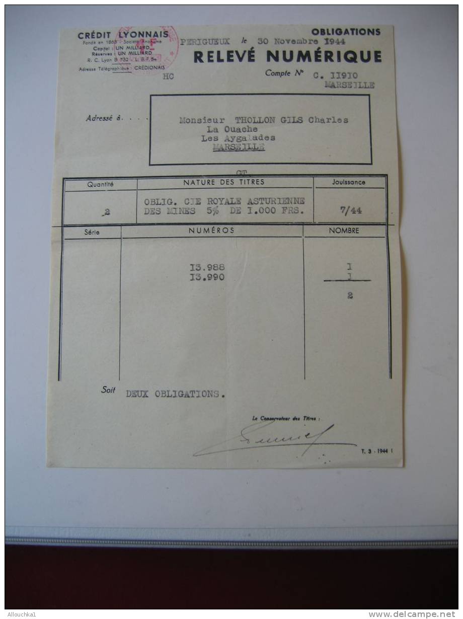 ACTION & TITRE : BANQUE FRANCAISE DU CREDIT LYONNAIS AGENCE D'E MARSEILLE RELEVE NUMERIQUE OBLIGATION /1944/SCRIPOPHILIE - Bank En Verzekering