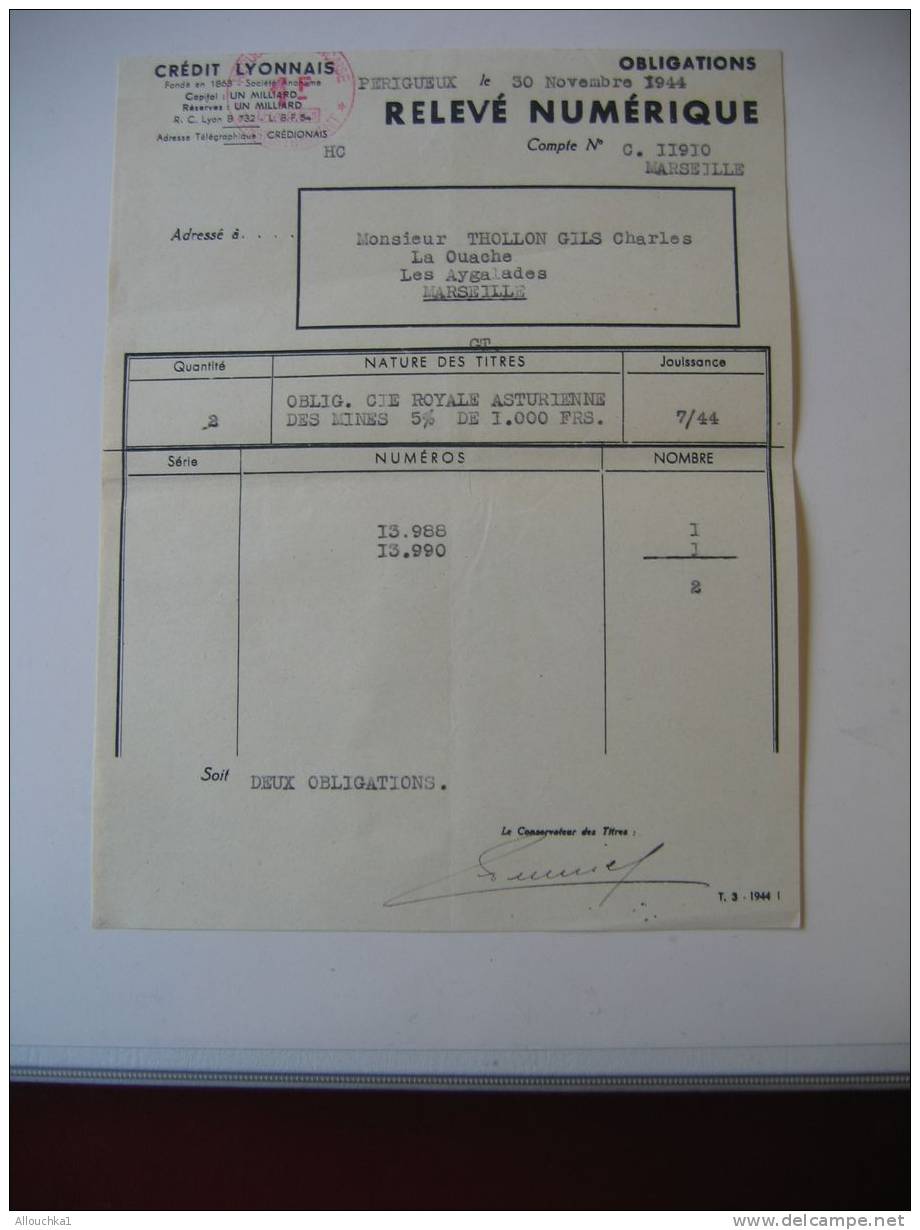 ACTION & TITRE : BANQUE FRANCAISE DU CREDIT LYONNAIS AGENCE D'E MARSEILLE RELEVE NUMERIQUE OBLIGATION /1944/SCRIPOPHILIE - Banque & Assurance