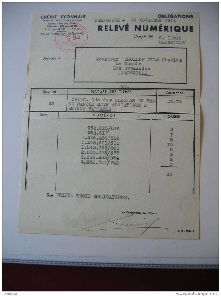 ACTION & TITRE : BANQUE FRANCAISE DU CREDIT LYONNAIS AGENCE D'E MARSEILLE RELEVE NUMERIQUE OBLIGATION /1944/SCRIPOPHILIE - Bank En Verzekering