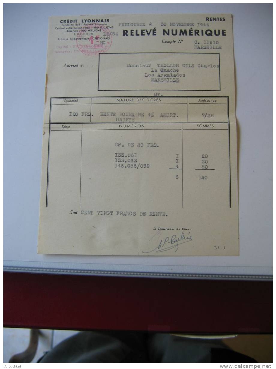 ACTION & TITRE :BANQUE FRANCAISE DU CREDIT LYONNAIS AGENCE D'E MARSEILLE RELEVE NUMERIQUE OBLIGATION /1944/SCRIPOPHILIE - Banque & Assurance