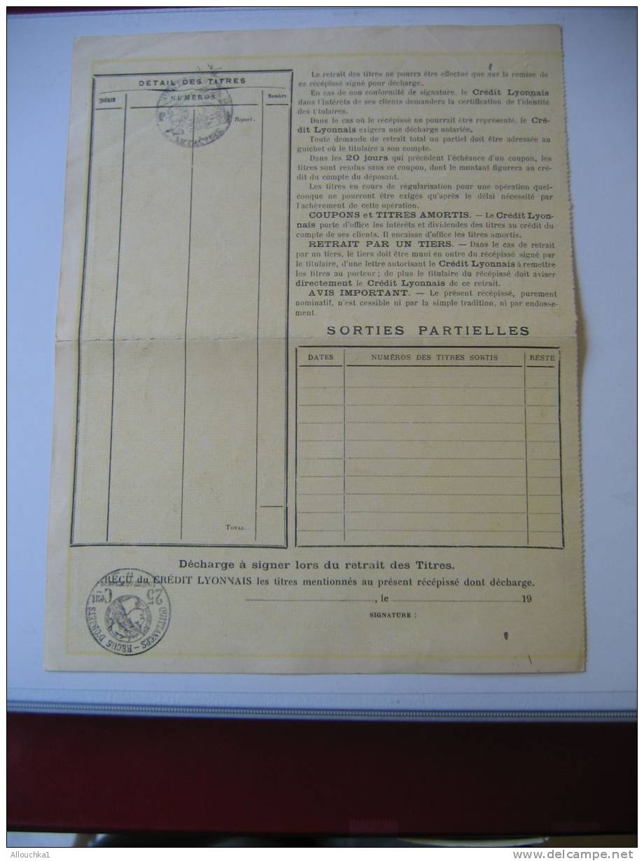 ACTION & TITRE :BANQUE FRANCAISE DU CREDIT LYONNAIS AGENCE D'E MARSEILLE RECEPISSE D' ACTIONS  /1932 /SCRIPOPHILIE - Banque & Assurance