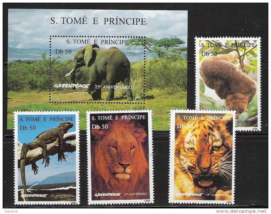 Q818.-.ST. THOME AND PRINCIPE.- 1996.- SCOTT # : 1237-1241.- ELEPHANTS, LIONS, TIGER. GREENPACE 25TH ANNIVERSARY.- - Eléphants