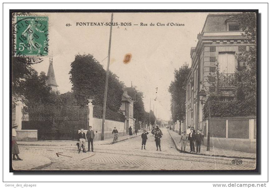94 FONTENAY Sous BOIS, Rue Du Clos D'Orléans, Ed ELD -49-, Voyagé En 1910, 2 Plis Verticaux - Fontenay Sous Bois