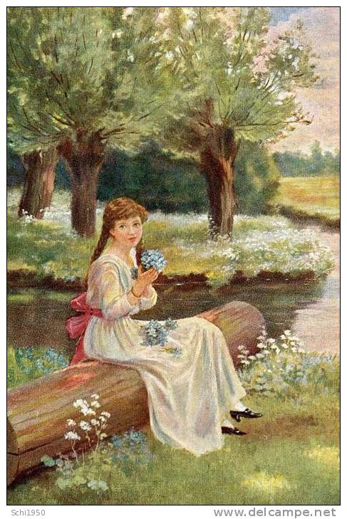 CA - Jeune Fille Assise Sur Un Tronc D'arbre Avec Un Bouquet De Fleurs Bleues - 1918 - Donne