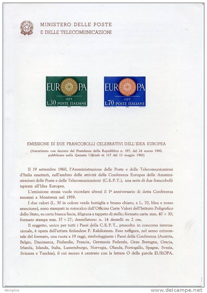 Bulletin Philatélique De La Poste Italienne N° 69 Annonçant Les Timbres Europa 1960 Texte Italien Et Français - 1960