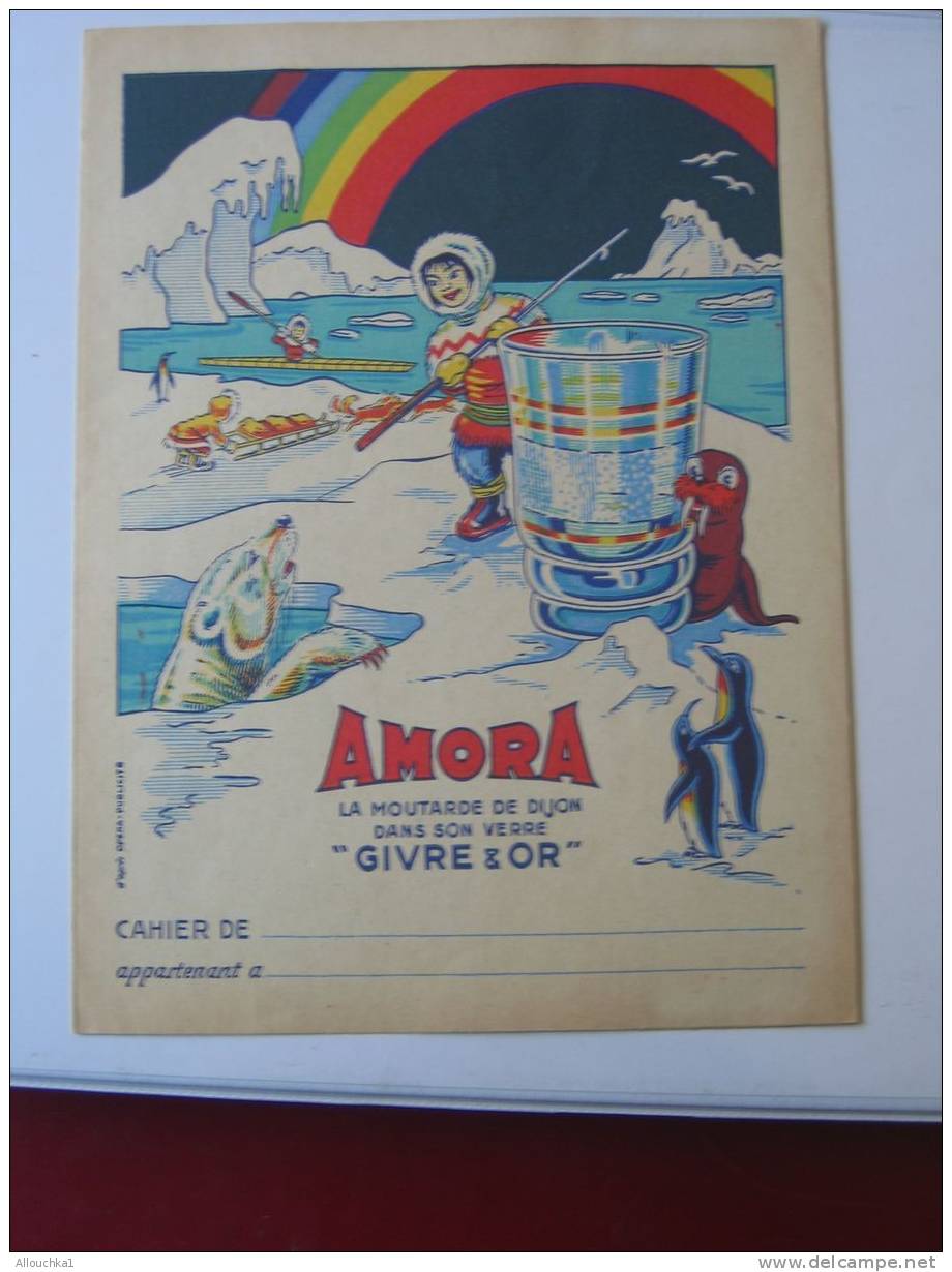 PROTEGE CAHIER PUBLICITAIRE  MOUTARDE " AMORA " DE DIJON "DANS SON VERRE "GIVRE & OR " ESQUIMAUX POLE NORD/OURS/PINGOUIN - Protège-cahiers