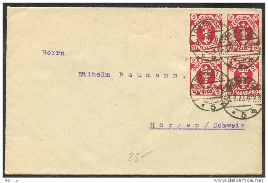 DANZIG, 8 MARK FRANKING (2 MARK STAMP IN BLOCK OF 4) 1922 TO FRANCE - Storia Postale