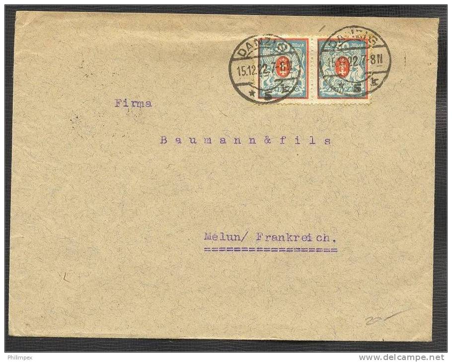 DANZIG, 50 MARK IN PAIR ON COVER 1922 TO FRANCE - Storia Postale