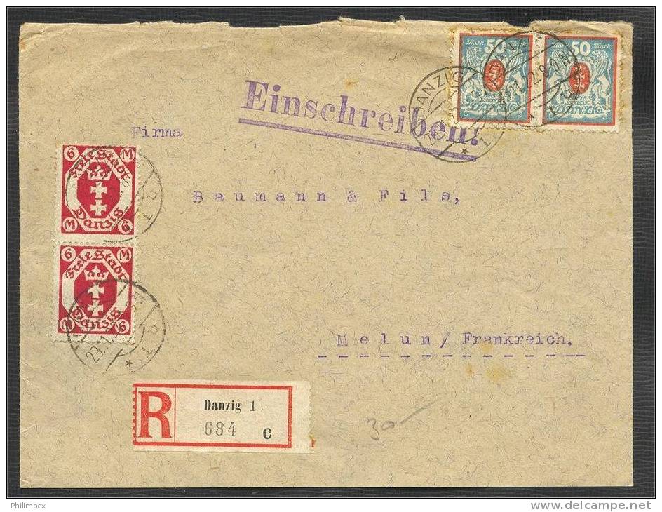 DANZIG, REGISTERED COVER 50 MARKS + 6 MARKS, BOTH IN PAIRS - Lettres & Documents