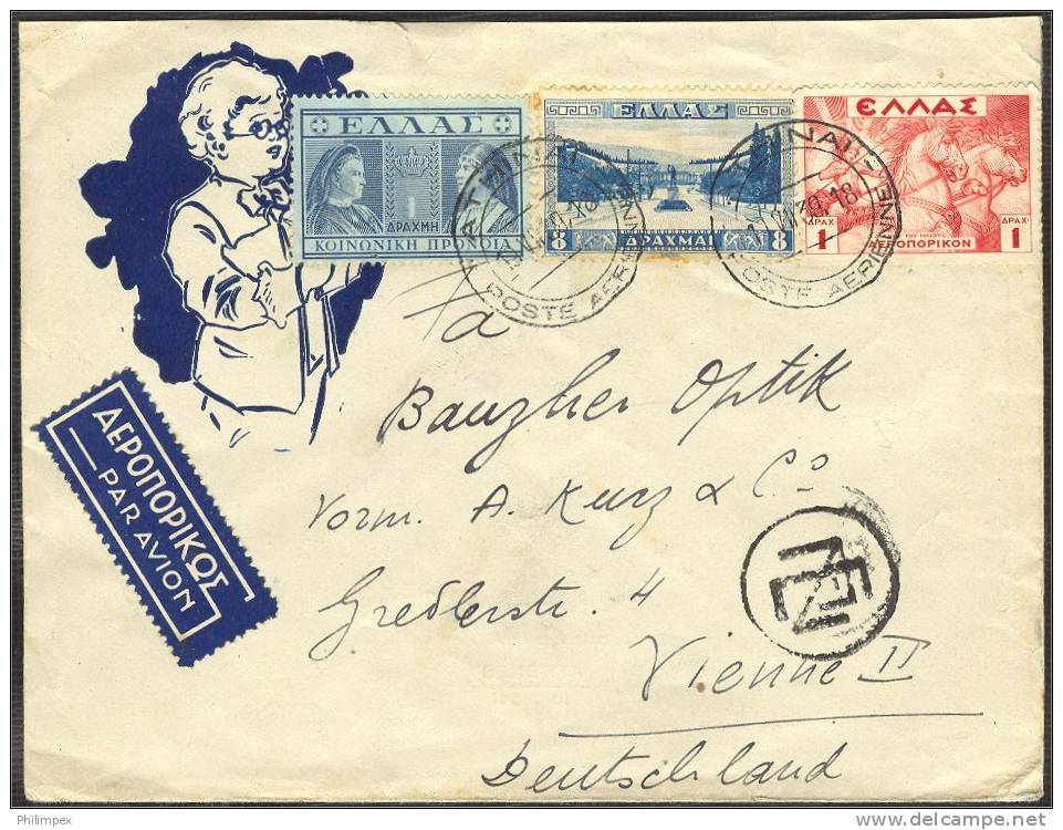 GREECE, AIRPOST COVER 1939 TO VIENNA, ILLUSTRATED "GLASSES" TOPIC - Brieven En Documenten