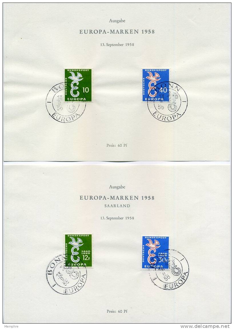 1958 Europa Ausgabe BRD (Mi Nr 295-296 SB) Und Saarland (Mi Nr 439-440 SB)  Sonderblatten  KW 90€ - Altri & Non Classificati