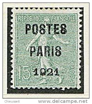 France (*) -  Préo N° 28 -15c Vert - Olive " POSTES PARIS 1921"   . - 1893-1947