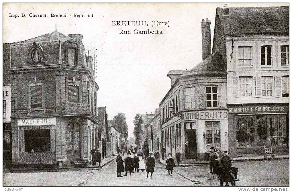 27 - EURE - BRETEUIL - RUE GAMBETTA - GRAINETERIE  BOURELLERIE - MARCHAND De FRUIT CASTINE - BOUCHERIE  MALHERBE - Breteuil