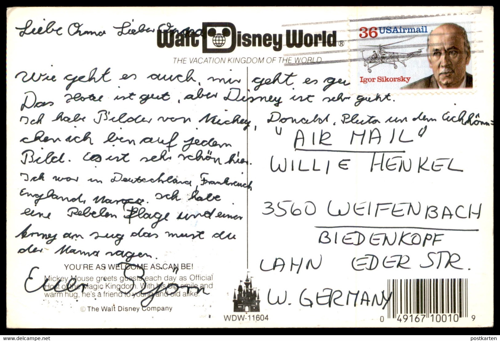 POSTKARTE WALT DISNEY WORLD USA MICKY MAUS MICKEY MOUSE Cinderella Castle Disneyworld Bei Orlando Postcard Ansichtskarte - Disneyworld