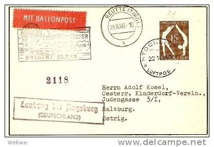 ARII231 / Ballonflug Bregenz 23.10.49 Schwedische Marke - Briefe U. Dokumente