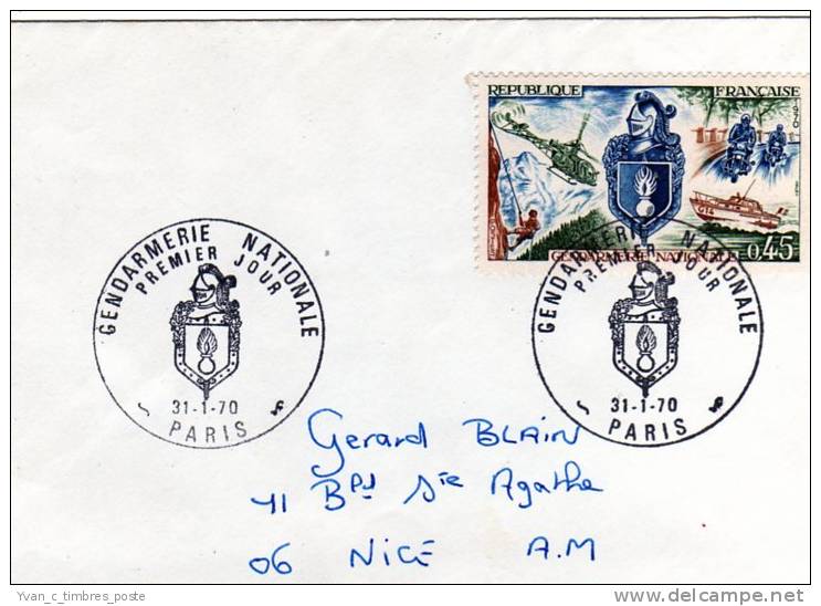 FRANCE LETTRE N° 1622 GENDARMERIE NATIONALE OBLITERATION PARIS 31 / 01 / 1970 - Briefe U. Dokumente