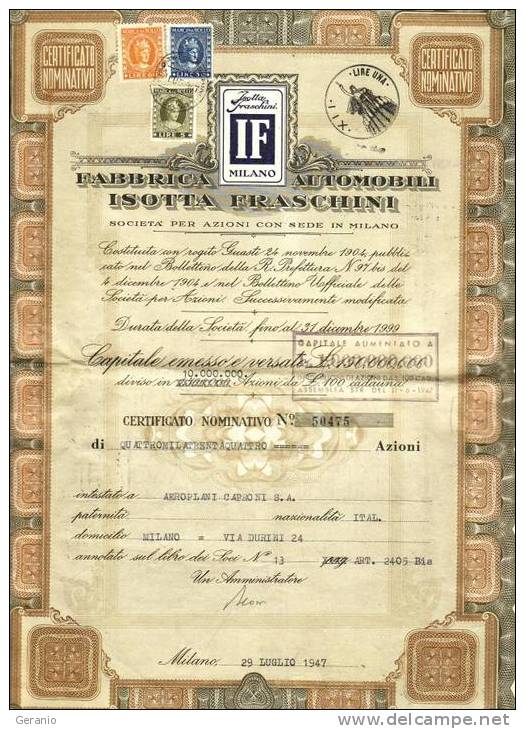 CERTIFICATO AZIONARIO CON CEDOLE ISOTTA FRASCHINI INTESTATO AEREOPLANI CAPRONI - G - I