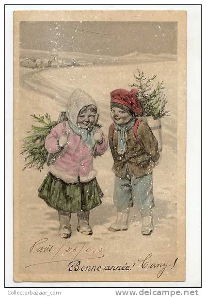 New Year Ca1900 Postcard Children In The Snow - Otros & Sin Clasificación