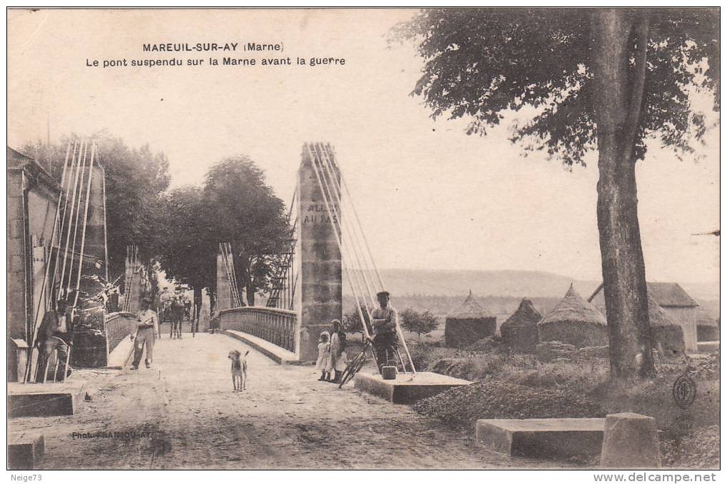 Cpa Du 51. Mareuil Sur Ay - Le Pont Suspendu Sur La Marne Avant La Guerre - Animation - Mareuil-sur-Ay