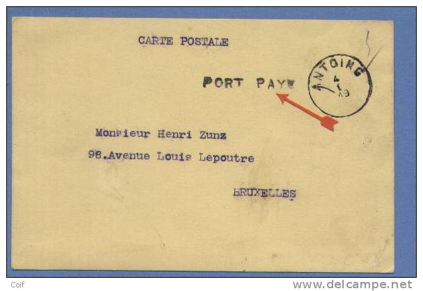 Kaart  Met Cirkelstempel ANTOING + Stempel PORT PAYE !!! - Noodstempels (1919)