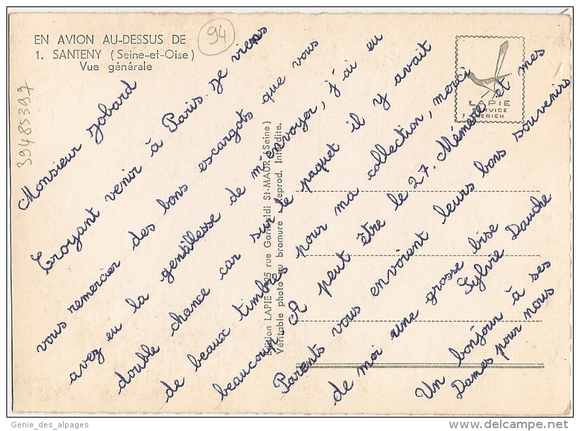 94  SANTENY, Vue Générale Aérienne, CPSM 10x15, Ed Lapie, écrite - Santeny