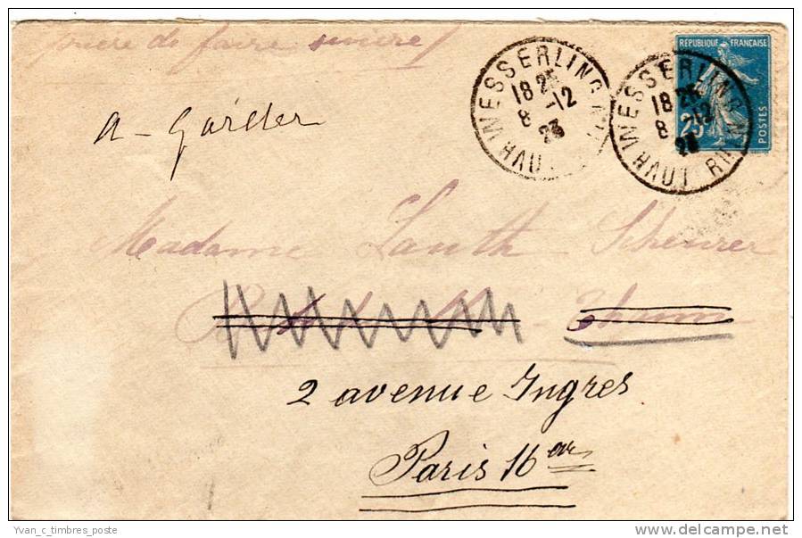 FRANCE LETTRE N° 140 OBLITERATION WESSERLING HAUT RHIN 08/12/1923 - Lettres & Documents