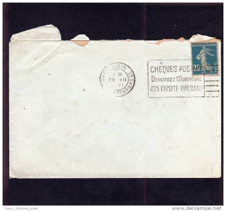 FRANCE LETTRE N° 140 OBLITERATION PARIS GARE MONTPARNASSE 25/07/1921 - Storia Postale