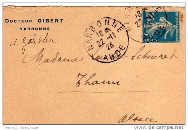 FRANCE LETTRE N° 140 OBLITERATION NARBONNE 22/11/1923 - Covers & Documents