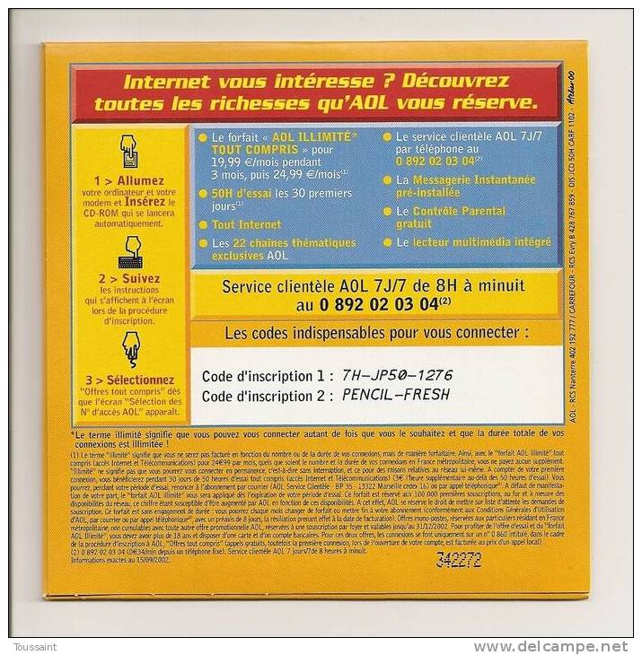 AOL: Internet Illimité Pour 19.99 Euros Par Mois Pendant 3 Mois, Carrefour (08-1665) - Connection Kits