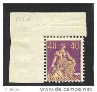 SWITZERLAND, 40 CENTIMES TYPE I FROM 1907 SUPERB CORNER PIECE - NEVER HINGED ** - Unused Stamps