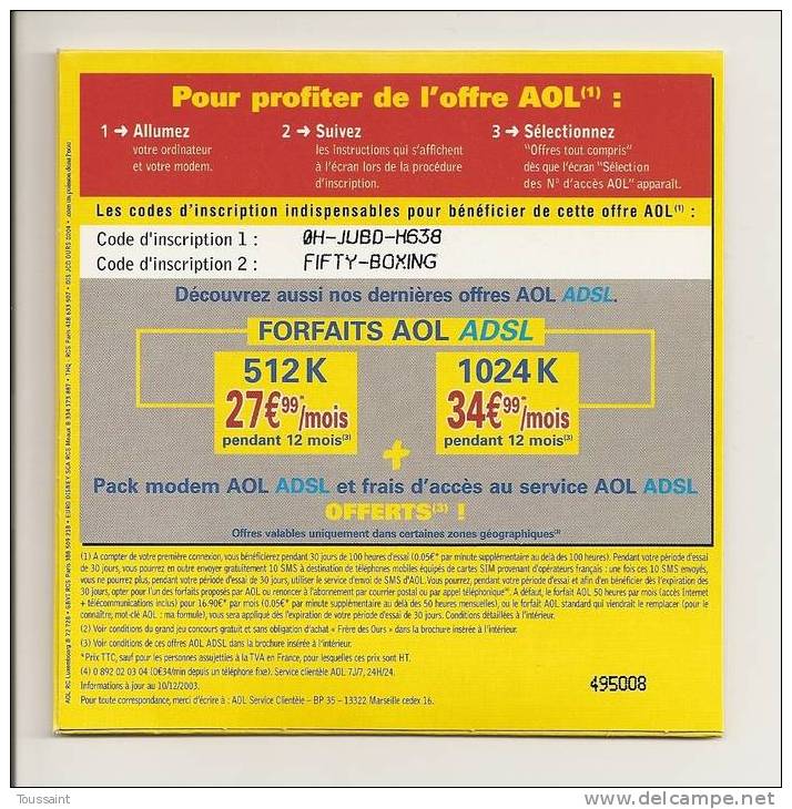 AOL: 100 Heures D´ Essai + 10 SMS, Grand Jeu Concours Frère Des Ours (08-1675) - Kit De Conección A Internet