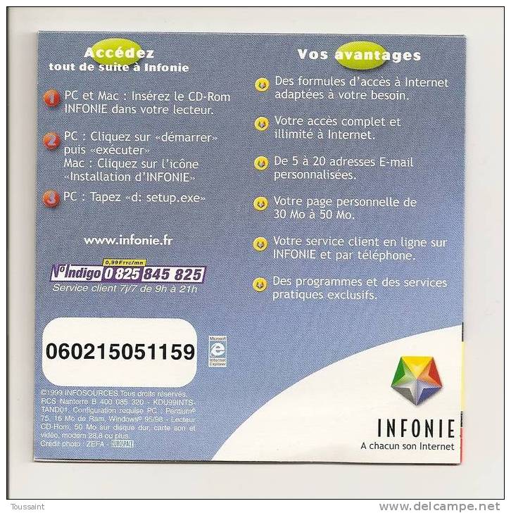 INFONIE: A Chacun Son Internet, 20 Heures D´ Internet 100 % Gratuites (08-1691) - Kits De Connexion Internet