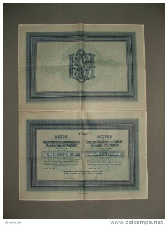 ACTION - BON D´ACTION - 50 SCHILLINGS - SOCIETE GENERALE DU CREDIT FONCIER D´AUTRICHE - 1926 - Banque & Assurance