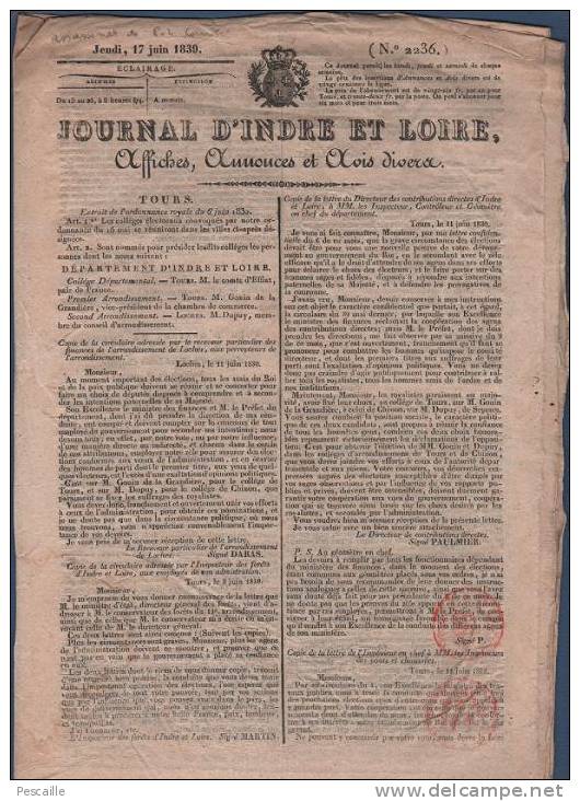 JOURNAL D´INDRE ET LOIRE 17 JUIN 1830 - TOURS - PAUL-LOUIS COURRIER - TOULON - ALGER - LYON - VENTES ADJUDICATIONS ETC - 1800 - 1849