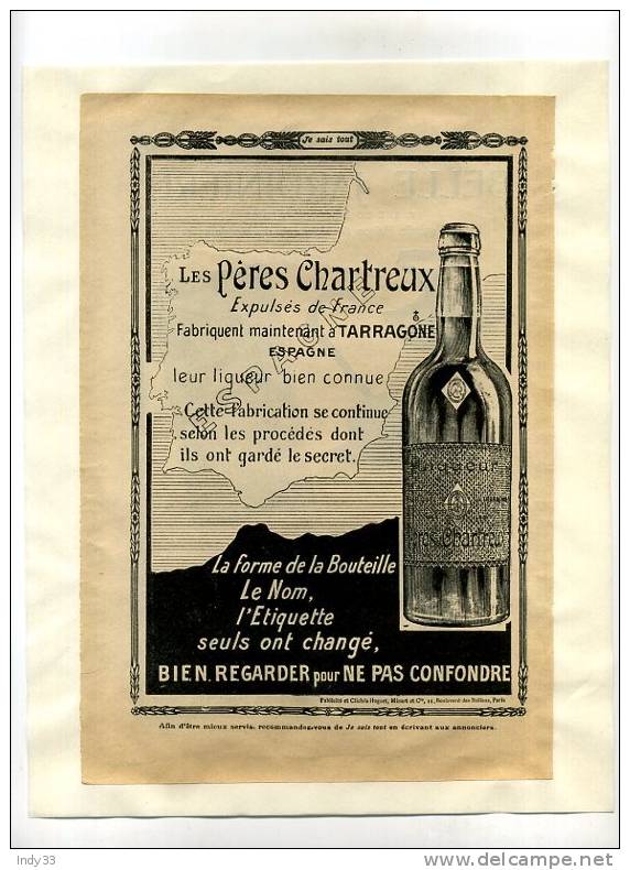 -" LES PERES CHARTREUX" . PAGE DE PUB. DU DEBUT DU XXe S. COLLEE SUR PAPIER - Andere & Zonder Classificatie