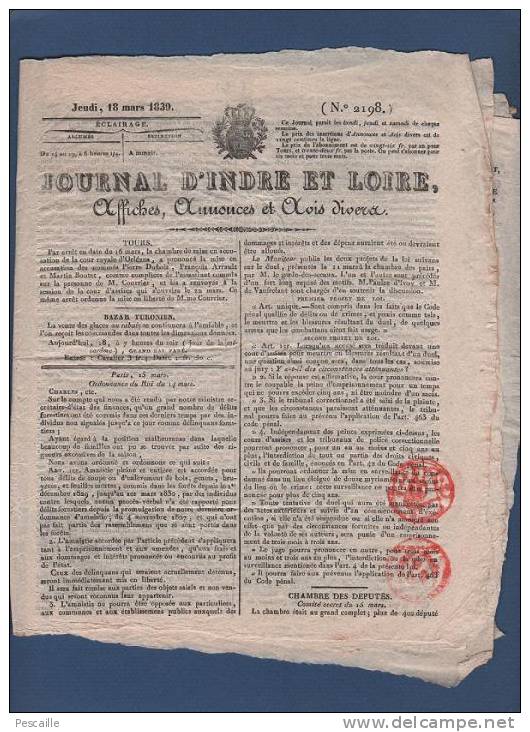 JOURNAL D´INDRE ET LOIRE 18 MARS 1830 - TOURS - DUELS - AMNISTIE COUPES BOIS - CHAMBRE DES DEPUTES - JEANNE D'ARC  POEME - 1800 - 1849