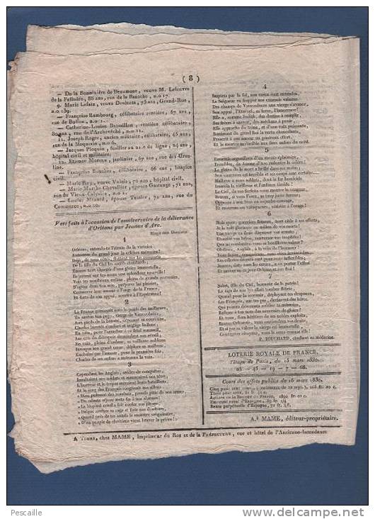 JOURNAL D´INDRE ET LOIRE 18 MARS 1830 - TOURS - DUELS - AMNISTIE COUPES BOIS - CHAMBRE DES DEPUTES - JEANNE D'ARC  POEME - 1800 - 1849