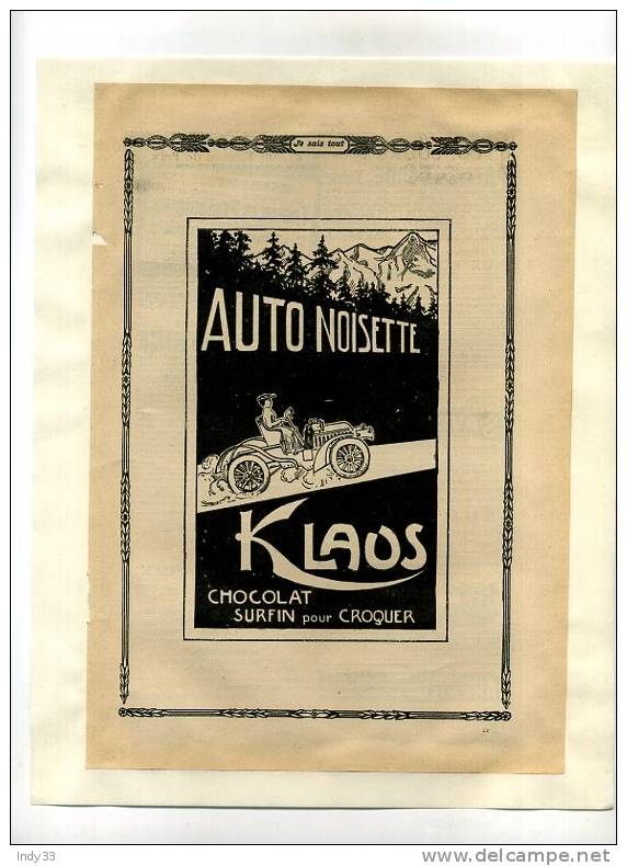 -" AUTO NOISETTE KLAUS . CHOCOLAT SURFIN" . PAGE DE PUB. DU DEBUT DU XXe S. COLLEE SUR PAPIER - Other & Unclassified