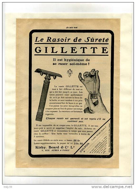-" LE RASOIR DE SURETE GILLETTE" . PAGE DE PUB. DU DEBUT DU XXe S. COLLEE SUR PAPIER - Sonstige & Ohne Zuordnung