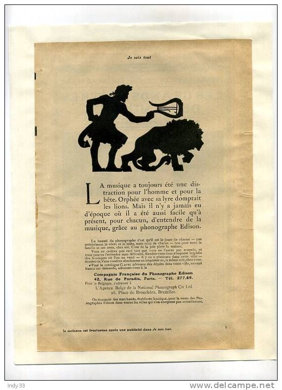 -"COMPAGNIE FRANCAISE DU PHONOGRAPHE EDISON" . PAGE DE PUB. DU DEBUT DU XXe S. COLLEE SUR PAPIER - Sonstige & Ohne Zuordnung